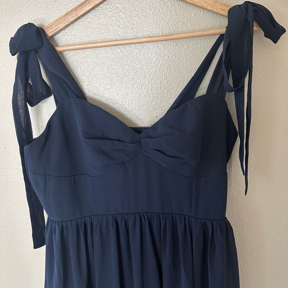 NWT Lulus Radiant Charisma Navy Chiffon Ruched Tie-Strap Maxi Dress Bridesmaid M - Picture 5 of 11